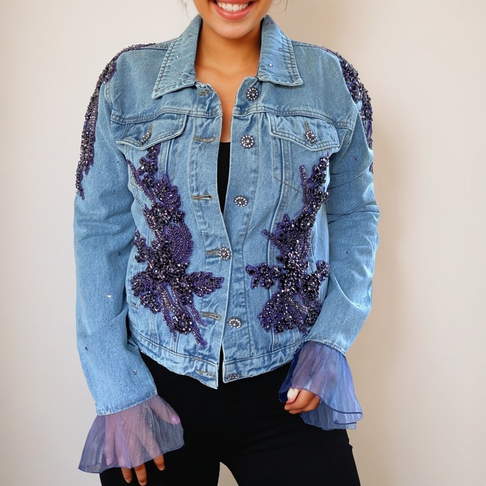 Denim Jacket Hand Embellished with Crystal Beadwork Appliqué and Satin Panel